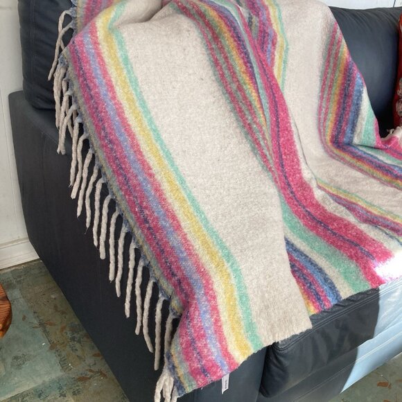Free People Skye Stripe Throw Blanket 60” x 51” Fringed Boho Striped Fuzzy Cozy - Picture 1 of 14